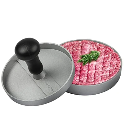 Abbildung von GOURMEO Burgerpresse aus Aluguss mit Antihaftbeschichtung + 50 Blatt Antihaftpapier Hamburgerpresse, Hamburger Presse, Burger Maker