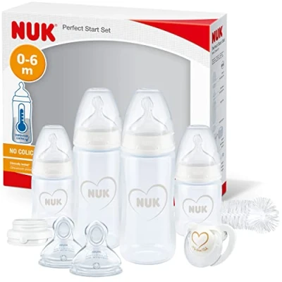 Abbildung von NUK Perfect Start First Choice+ Babyflaschen Set 06 Monate 4 x Flaschen mit Temperaturkontrolle, Schnuller, Flaschenbürste &amp; mehr BPA frei grau weiß 10 teilig