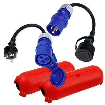 Abbildung von IntuiFlex CEE Adapter Schuko Stecker Kupplung Schutzbox Set 2x Camping Kabel für Boot Wohnmobil Garten H07RN F 3x2,5mm² 230V 16A Strom Gummikabel
