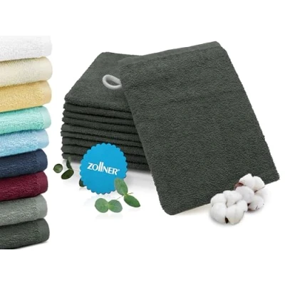 Abbildung von ZOLLNER 10er Set Waschhandschuhe in 16x21 cm saugstarke und weiche Waschlappen weiß mit praktischem Aufhänger waschbar bis 95C Baumwolle Hotelqualität