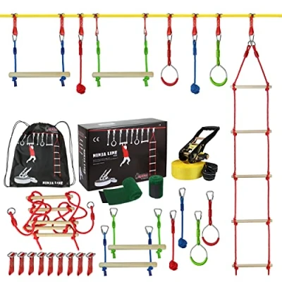 Abbildung von ALPIDEX Ninja Line Kinder Slackline Hindernisse Set Turnringe Seilknoten Schaukel Kletterleiter Zubehör Erweiterbar Warrior Parcours 7 Jahre Garantie auf Material*, Stil:Fun