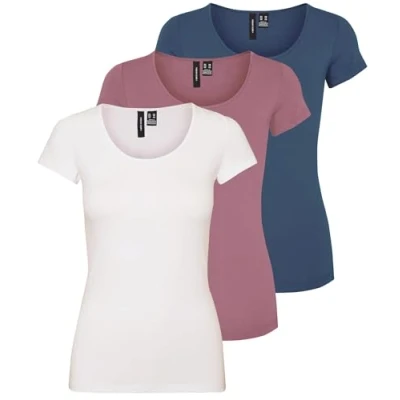 Abbildung von VERO MODA Damen VMMAXI My Soft SS U Neck GA 3Pack, Vintage Indigo, Mesa Rose, White Alyssum, XS