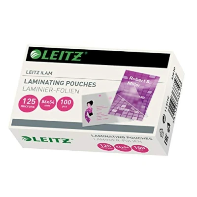Abbildung von Leitz Heißlaminierfolien 125 mic 54 x 86 mm, zum Laminieren von Karten, Anhängern und Ausweisen, Hochwertige Laminierfolien im 100er Pack, Glänzend, Transparent, 33810