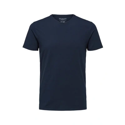 Abbildung von Herren Selected Basic T Shirt Einfarbiges Rundhals Kurzarm SLHNEWPIMA Jersey Stretch Baumwolle, Farben:Navy, Größe:L