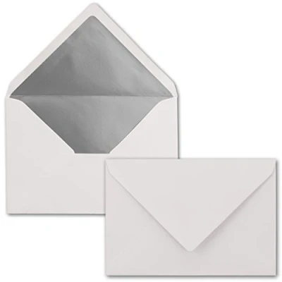 Abbildung von Kuverts Weiß 25 Stück Brief Umschläge DIN C6 114 x 162 mm 11,4 16,2 cm Nassklebung matte Oberfläche &amp; Silber Metallic Fütterung ohne Fenster für Einladungen