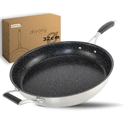 Abbildung von DIVORY Edelstahl Pfanne 32 cm ULTIME Induktion I Antihaft beschichtete große Bratpfanne für alle Herdarten Induktionspfanne, Ergonomischer Griff, Spülmaschinen geeignet (32cm, Schwarz)
