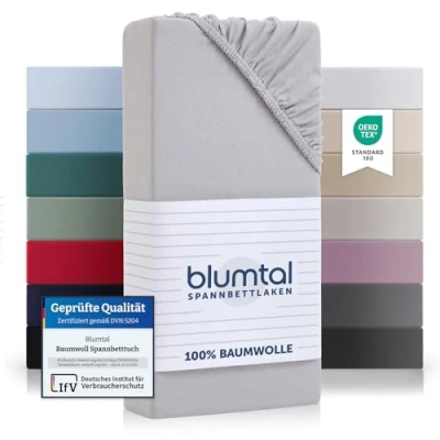 Abbildung von Blumtal® Basics Spannbettlaken Topper 140x200cm Jersey Bettlaken aus 100% Baumwolle Oeko TEX zertifiziertes Spannbetttuch Moonlight Grey Grau