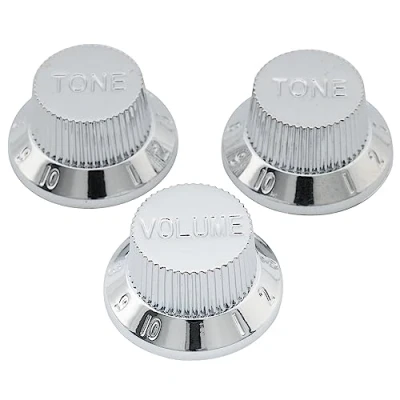Abbildung von Musiclily Metrisch 6mm Gitarre Potiknopf 1 Volume 2 Tone Control Knobs Set für Fender Strat Squier ST Style E Gitarre, Chrom(3er Set)