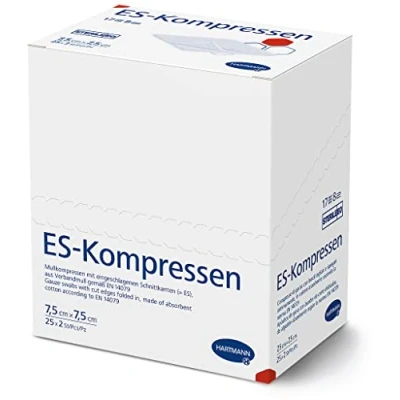 Abbildung von ES KOMPRESSEN: Sterile Mullkompressen zur Wundreinigung &amp; Wundabdeckung, sowie zum Auftragen von Salben, 7,5 x cm, 8 fach, 17 fädig, 50 Stück