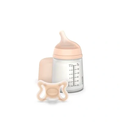 Abbildung von Suavinex, Anti Kolik Flasche + Zero Schnuller. 180 ml mit anpassbarem Sauger (A) und Neugeborenen Schnuller, Größe 2/2 Monate. Für Frühgeborene geeignet, unterstützt das Stillen, Fair