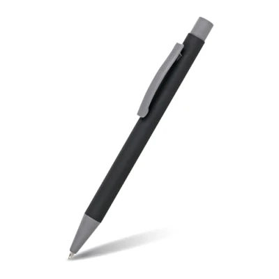 Abbildung von Online 21730/3D Kugelschreiber Soft Metal, Druckkugelschreiber aus Aluminium, auswechselbare Großraum Mine, Schreibfarbe schwarz, Pure Black mit Softtouch Feeling, Metallclip Hellgrau, 1 Stück