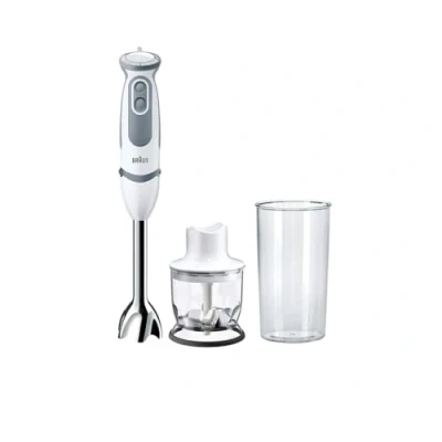 Abbildung von Braun Stabmixer MQ 5220WH MultiQuick 5 Vario Pürierstab mit Edelstahl Mixfuß, 1000 Watt, inkl. 2 teiligem Zubehör Set, weiß/grau