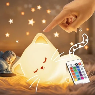 Abbildung von Nachtlicht Kinder Katze Spielzeug Kinder, 16 Farben+Fernsteuerung+USB Wiederaufladbar Stilllicht Dimmbar Baby Spielzeug, Pat Spaß Nachttischlampe Geschenke