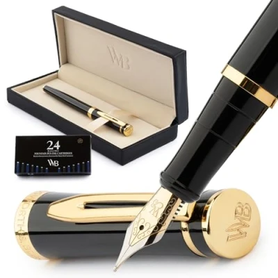 Abbildung von Wordsworth &amp; Black Füllfederhalter Set, Medium Schreibfeder, Enthält 24 Tintenpatronen Und Tintennachfüllkonverter, Geschenketui, Journaling, Kalligrafie, Weiche Schreibstifte [Schwarzes Gold]