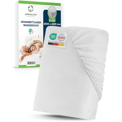 Abbildung von Sensalou Spannbettlaken Wasserdicht 200x220 cm Doppelpack Spannbetttuch für Familienbett &amp; King Size Inkontinenz Matratzenschutz Bezug Waschbar bei 95 C Atmungsaktiv Matratzen bis 25