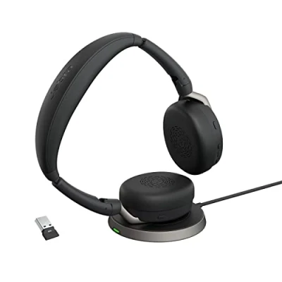 Abbildung von Jabra Evolve2 65 Flex Stereo Bluetooth Headset mit Wireless Charging Pad, geräuschunterdrückender ClearVoice Technologie und hybrider ANC führenden UC Plattformen kompatibel Schwarz