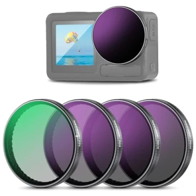 Abbildung von NEEWER Snap On ND Filter Set kompatibel mit DJI Osmo Action 3/4/5 Pro, 4er Pack ND8+ND16+ND32+CPL Graufilter Actionkamera Zubehör, Mehrfach beschichtetes optisches HD Glas, FL A76