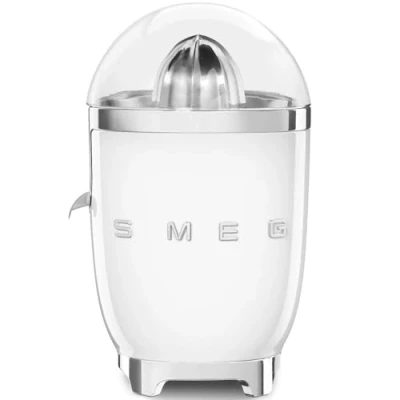 Abbildung von SMEG, Elektrische Zitruspresse CJF11RDEU, tropfsicherer Auslauf und Universalkegel, rutschfeste Stellfüße, Filtersieb Presskegel aus Edelstahl, 70 W, Weiß