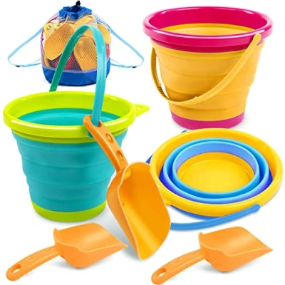 Abbildung von JOYIN 3 Packungen Faltbarer Eimer mit Schaufeln (Bonus Netztasche), Mehrzweck für Strand, Strandausrüstung, Sandkasten Spielzeug