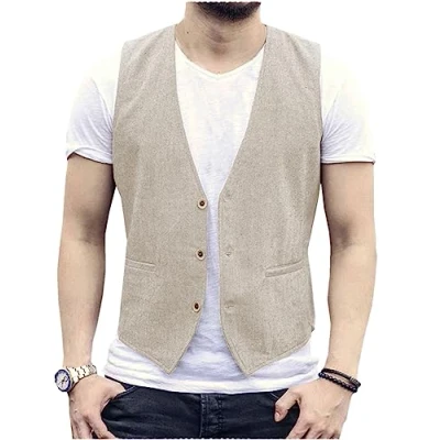 Abbildung von AeoTeokey Herren Sommer Leinenweste Anzug Weste Casual Regular Fit(Beige,S)