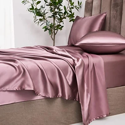 Abbildung von Damier Spannbettlaken 140x200cm Rosa Altrosa Satin Seide Glänzend Bettlaken Hochwertiges Deluxe Unifarben Spannbetttuch, Geeignet für Matratzen bis 30cm