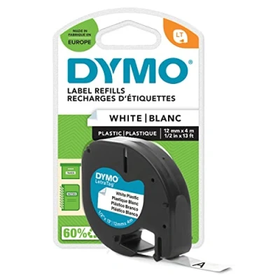 Abbildung von DYMO Original LetraTag Etikettenband schwarz auf weiß 12 mm x 4 m selbstklebendes Kunststoff Schriftband für Beschriftungsgerät