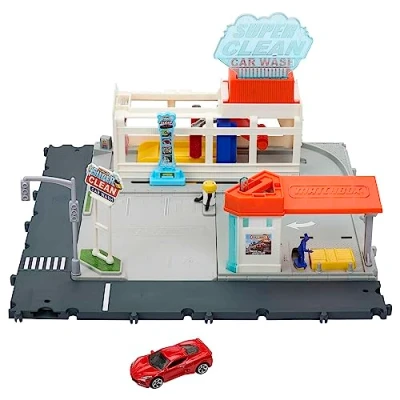 Abbildung von Matchbox Super Clean Autowaschanlage erweiterbares Spielset mit spannenden Details, inklusive 1 Auto, Staubsauber und Supermarkt, HNJ54