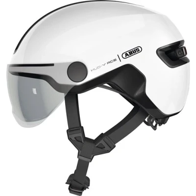 Abbildung von ABUS Stadthelm HUD Y ACE stylischer Fahrradhelm mit Visier und magnetischem, aufladbarem LED Rücklicht für Damen Herren Weiß Glänzend, Größe S