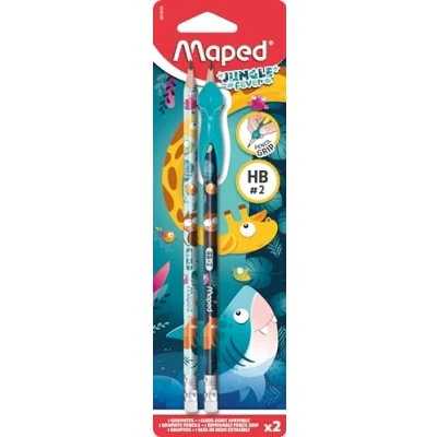 Abbildung von Maped 2x ergonomische Drei Kant Bleistifte JUNGLE FEVER mit Radiergummi HB mittel + Schreiblernhilfe KIDY LEARN