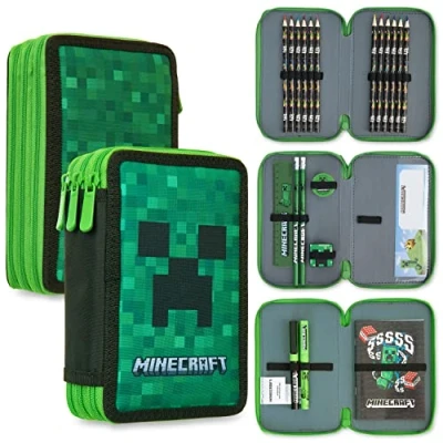 Abbildung von Minecraft Federmäppchen, mit Fächern, gefüllt Schulbedarf, Schule, Kinder, Jungen, Goodies, offizielles Zubehör für Gamer (Grün Creeper)