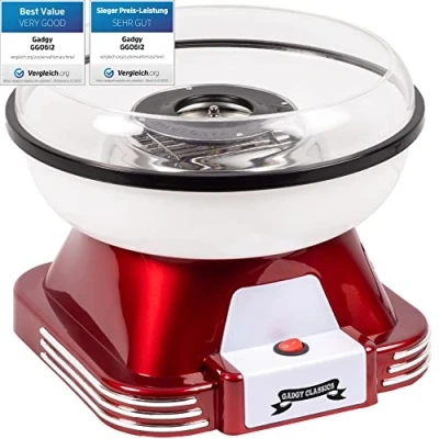 Abbildung von Gadgy Zuckerwattemaschine Retro Cotton Candy Machine Zuckerwatte Maschine mit Stäbchen und Messlöffel Höhe 22 cm Rot Weiß 500 Watt Zuckerwattenmaschiene für zuhause