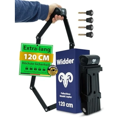 Abbildung von Widder Sehr sicheres Fahrradschloss Faltschloss 120cm mit 4 Schlüsseln Fahrrad Halterung ideal als E Bike Schloss, Scooter Schloss &amp; Lock