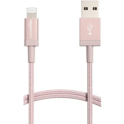 Abbildung von Amazon Basics Verbindungskabel USB A auf Lightning, Nylon umflochten, MFi zertifiziertes Ladekabel für iPhone, Rotgold, 1.8 m