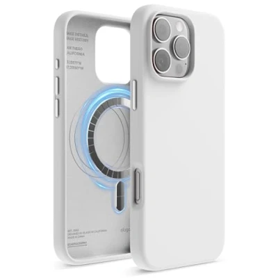 Abbildung von elago Magnetisch Silikon Hülle Kompatibel mit iPhone 16 Pro Max 6,9 Zoll, Allen MagSafe Zubehör Eingebaute Magnete, Soft Grip Silikon, Stoßfest (Weiß)