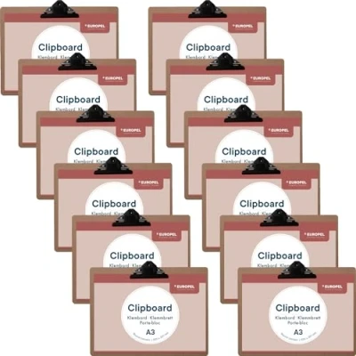 Abbildung von EUROPEL Klemmbrett aus Holz, A3, Querformat, 12 Stück, FSC zertifiziert, MDF, mit schwarzem Metallclip, für Klassenzimmer, Büro, Geschäft, Restaurant, Lager, 330x440x3mm