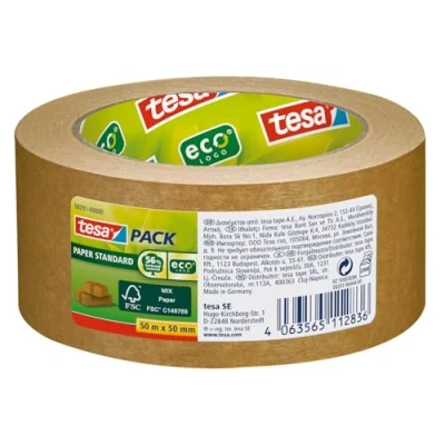 Abbildung von tesa tesapack Papier Standard Umweltschonendes Paketband aus Papier, 56% biobasiertes Material Effizient und recyclingfreundlich Braun 50 m x mm