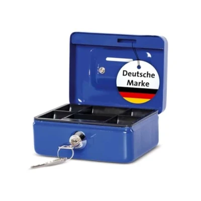 Abbildung von MAUL Geldkassette aus Stahl 12,5x9,5x6,1cm Kasse mit Münzeinwurfschlitz abschließbar und tragbar geeignet als Spardose, Kaffeekasse, Sparkasse, Trinkgeldkasse Blau