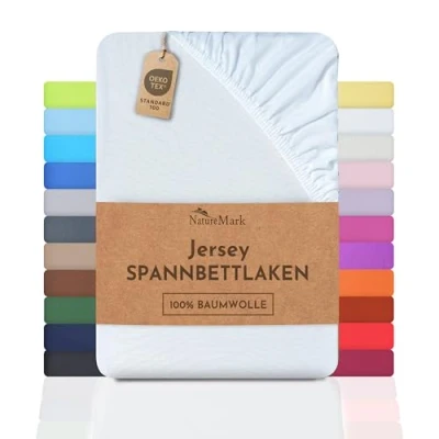 Abbildung von NatureMark Jersey Spannbettlaken, Spannbetttuch 100% Baumwolle in vielen Größen und Farben MARKENQUALITÄT ÖKOTEX Standard 100 180 x 200 cm weiß