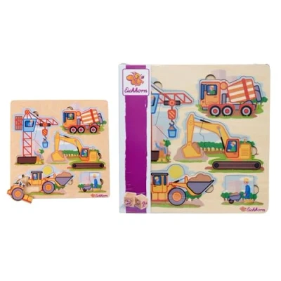 Abbildung von Eichhorn Baufahrzeuge Puzzle mit 12 Teilen, ideal für kleine Baumeister ab 2 Jahren, farbenfrohe Motive zur Förderung der Feinmotorik, 22,5x22,5 cm groß, aus 100% FSC zertifiziertem Pappelsperrholz