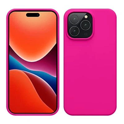 Abbildung von kwmobile Hülle für das iPhone 14 Pro Max dünnes Silikon Handy Case stoßfeste Handyhülle mit weicher Oberfläche unterstützt kabelloses Laden Neon Pink