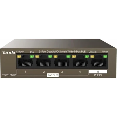 Abbildung von Tenda 5 Port PoE Switch ohne Netzteil, Gigabit Powered (1 In &amp; 4 Out, Plug and Play PD Switch, Lüfterlos, Metallgehäuse)(TEG1105PD)