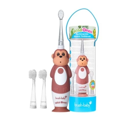 Abbildung von Brush Baby WildOnes Kinder Elektrische Wiederaufladbare Zahnbürste, 1 Griff, Bürstenkopf, USB Ladekabel, für 0 10 Jahre (Affe)
