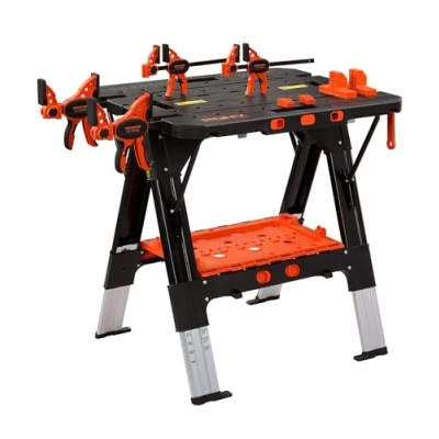 Abbildung von PONY 2 in 1 Werkbank klappbar bis 454kg belastbar, klappbare Sägebock mit ausziehbaren Aluminiumbeinen, Arbeitsbock 4 Schraubzwingen 150/300mm &amp; Stöcken, 79 x 63,5 89 cm