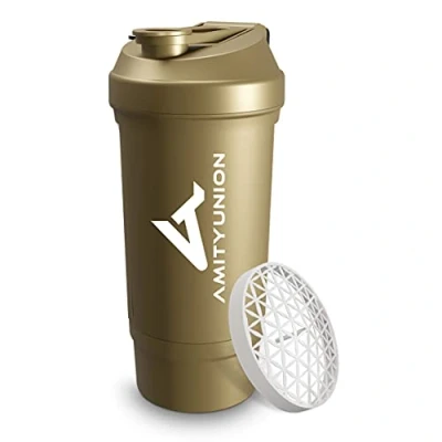 Abbildung von Protein Shaker Gold 700 ml FYRA auslaufsicher Goldener BPA frei mit Pulverfach &amp; Sieb und Skala für cremige BCAA Shakes, proteinshake Becher, Eiweiß Isolate Whey