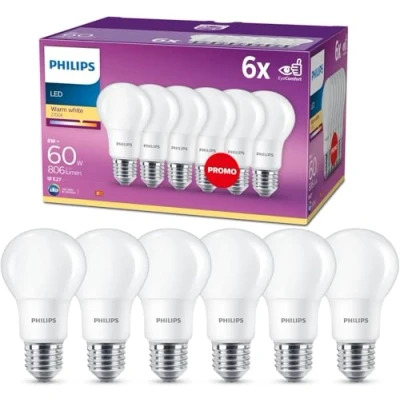 Abbildung von Philips Lighting LED Classic E27 Lampen 6 er Pack (60 W), matte mit warmweißem Licht, energiesparende Beleuchtung langer Nutzlebensdauer
