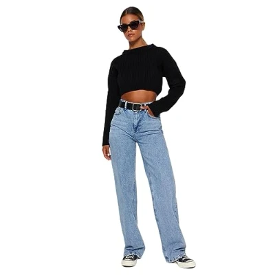 Abbildung von TRENDYOL Damen Gerade Weites Bein Hohe Taille Jeans, Hellblau, 32