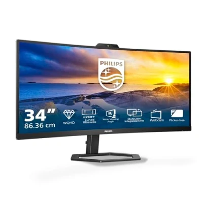 Abbildung von Philips 34E1C5600AM 34 Zoll WQHD Curved Monitor, Webcam, höhenverstellbar, Laustprecher (3440x1440, 100Hz, 1x HDMI 2.0, DisplayPort 1.2, USB C (65W PD), Hub) schwarz