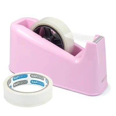 Abbildung von Rapesco 1487 500 Hochleistungs Klebebandabroller und 2 Stück Klebebandrollen, Rosa