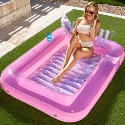 Abbildung von Sloosh 70&quot; x 46&quot;/1.78m 1.16m aufblasbarer Sonnenpool, Luftmatratzte Pool, Sonnenbad mit abnehmbarem Kissen, persönlicher Luftmatratze Wasser für Erwachsene, Sommerspaß, Wasserparty Rosa Weiß