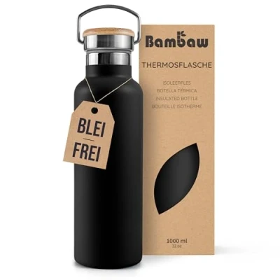 Abbildung von Bambaw Thermosflasche 1, Trinkflasche 1l Schwarz, Edelstahl Trinkflasche, Getränkeflasche 1 Liter, Bambus Isolierflasche, Thermotrinkflasche Tiefschwarz